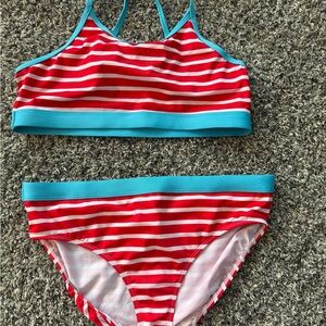 Lands' End Red & White Striped Girls Two-Piece Bikini with Turquoise Trim-16